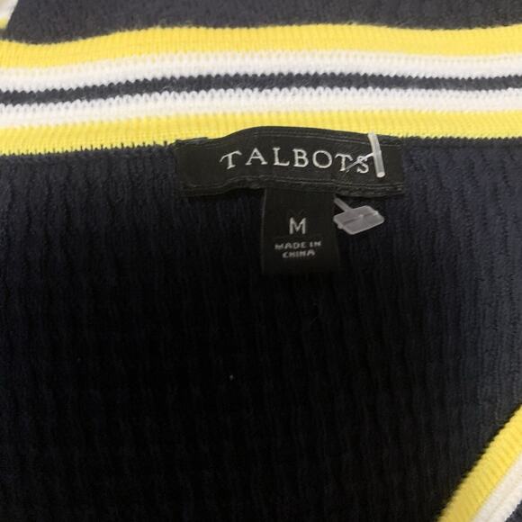 Talbots Navy Blue Cardigan Yellow Trim Pearl Button Front Sweater SZ M - Picture 6 of 7